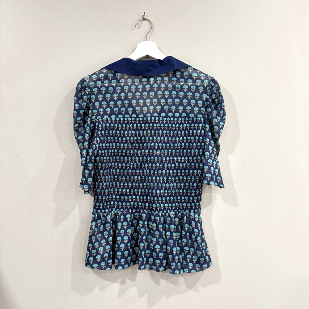 Maeve Anthropologie Navy Print Peplum Top Women’s Large Short Sleeve Boho Y2K - Picture 3 of 9